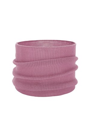Gebreide roze nekwarmer met een zachte, geribbelde textuur. Heeft een buisvorm met samengevoegde plooien, ontworpen voor warmte en comfort.