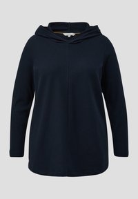 Granatowy sweatshirt z kapturem o prążkowanej strukturze, z długimi rękawami i krótkim zamkiem na dekolcie, z trójkątną metką z logiem marki.