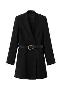 Zwarte blazer met een dubbelgerijpte ontwerp, scherpe revers, getailleerde silhouet en een gestrikte taille met een gouden gespaccent.