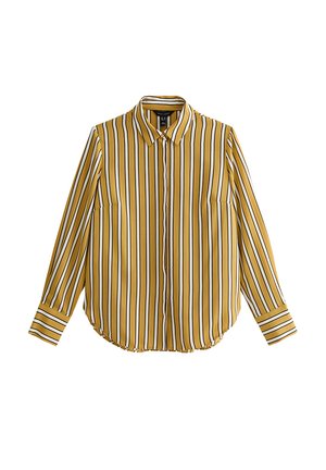 Camicia gialla a maniche lunghe con bottoni, righe verticali nere e bianche e colletto appuntito, distesa su uno sfondo bianco.