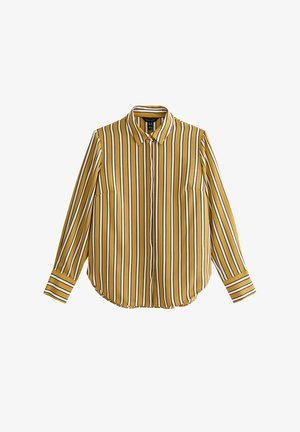 Camicia gialla a maniche lunghe con bottoni, righe verticali nere e bianche e colletto appuntito, distesa su uno sfondo bianco.