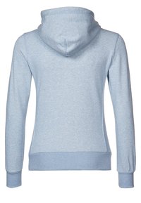 Ljusblå hoodie med dragsko på huvan, långa ärmar och ribbade manschetter. Mjuk, texturerad tyg med avslappnad passform och inga synliga mönster.