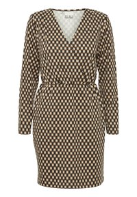 Rennärillä varustettu muotoiltu juhlapuku, jossa on musta ja beige ruudullinen kuvio, pitkät hihat ja syvä V-pääntie. Valmistettu pehmeästä ja joustavasta kankaasta.