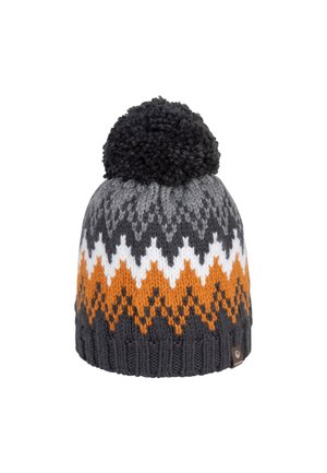 Bonnet d'hiver tricoté avec un pompon noir, un motif en zigzag gris, blanc et orange, et une bordure côtelée gris foncé.