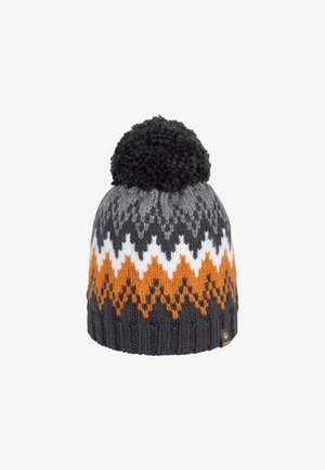 Gebreide wintermuts met zwarte pompon, grijs, wit en oranje zigzagpatroon, en geribde donkergrijze manchette.