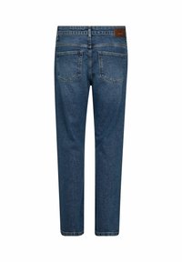 Vidutinio mėlynumo džinsai su tiesiomis kojų siūlėmis. Yra dvi galinės kišenės ir odinė prekės ženklo etiketė juosmens dalyje.