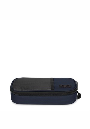 Navy blue rectangular pencil case with black mesh panel, zip closure, and brand logo patch. Textured fabric with a smooth finish.