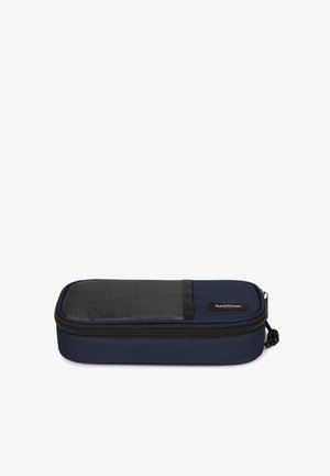 Navy blue rectangular pencil case with black mesh panel, zip closure, and brand logo patch. Textured fabric with a smooth finish.