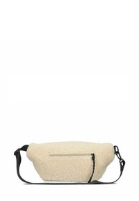 Borsa a tracolla di colore crema, texture morbida, con una tracolla nera regolabile e una tasca con zip sulla parte anteriore. Forma arrotondata.