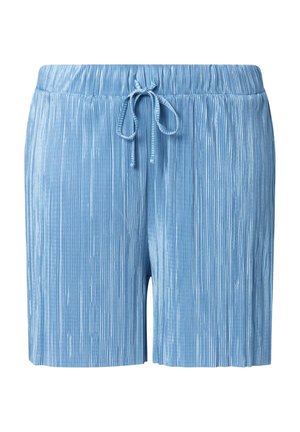 Světle modré plisované šortky s elastickým pasem a předním zavazováním, vyrobené z lesklé, texturované látky.