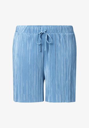 Hellblaue, plissierte Shorts mit elastischem Bund und vorderem Kordelzug, hergestellt aus glänzendem, strukturiertem Stoff.