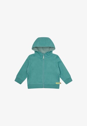 Felpa con cappuccio di colore teal, con zip frontale, tasche a marsupio e cappuccio foderato. Presenta polsini a coste e un piccolo etichetta con logo sull'orlo.