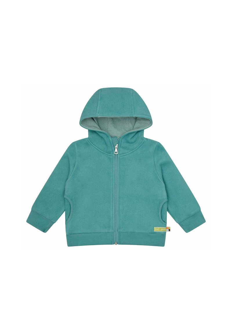 Teal fleece hoodie met een rits aan de voorkant, kangoeroe-vakken en een gevoerde capuchon. Heeft ribbelboorden en een klein logo-label aan de boord.