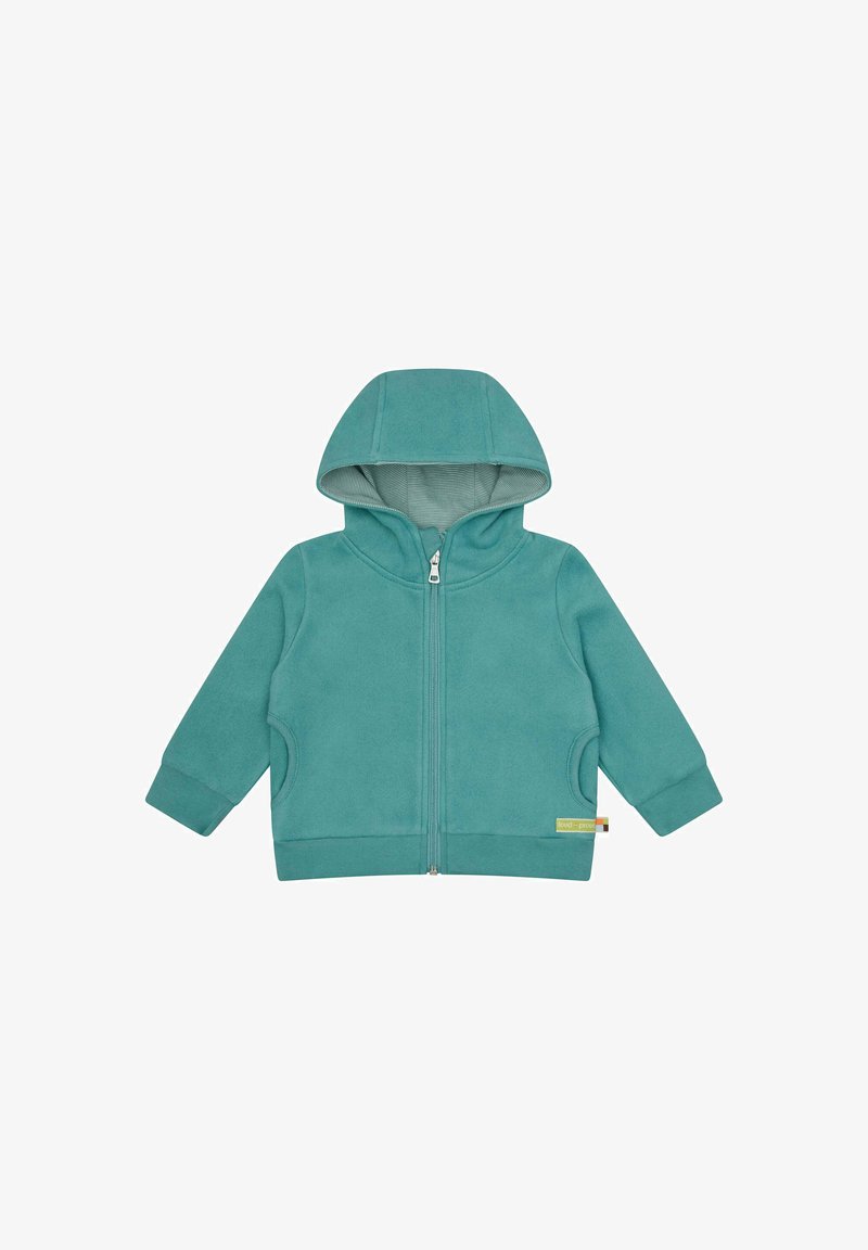 Felpa con cappuccio di colore teal, con zip frontale, tasche a marsupio e cappuccio foderato. Presenta polsini a coste e un piccolo etichetta con logo sull'orlo.