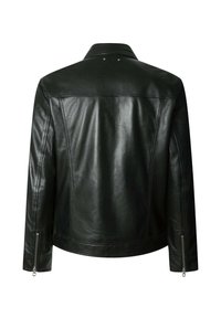 Chaqueta de cuero negro con cuello, puños con cremallera y un diseño elegante. Textura suave con detalles de costura mínimos en la parte posterior.
