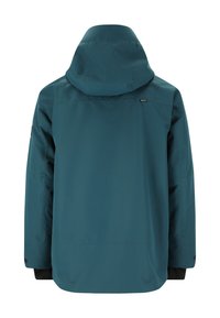 Turkooise waterdichte jas met een capuchon, voorzien van een ontspannen pasvorm, lange mouwen en zwarte accenten bij de manchetten en zoom. Naadloze constructie.