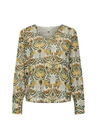 Blouse à manches longues en tissu léger, avec un motif floral vert, jaune et marron. Design en V avec des poignets boutonnés.