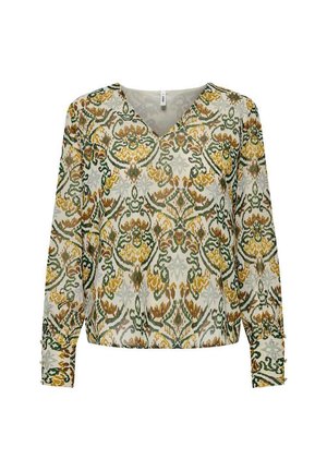 Blouse à manches longues en tissu léger, avec un motif floral vert, jaune et marron. Design en V avec des poignets boutonnés.