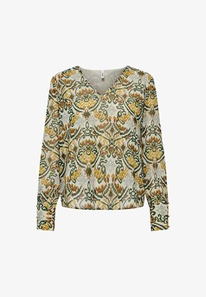 Blouse à manches longues en tissu léger, avec un motif floral vert, jaune et marron. Design en V avec des poignets boutonnés.
