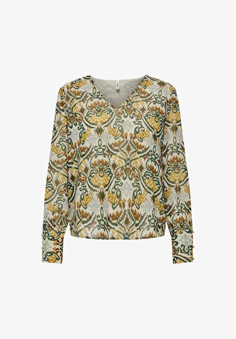 Blouse à manches longues en tissu léger, avec un motif floral vert, jaune et marron. Design en V avec des poignets boutonnés.