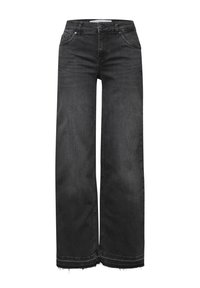 Jeans neri in denim a gamba larga con orlo sfrangiato, cinque tasche e chiusura con zip. Il materiale ha una finitura leggermente texturizzata.