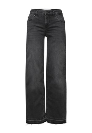 Jeans de mezclilla negros de pierna ancha con dobladillo deshilachado, cinco bolsillos y cierre de cremallera. El material tiene un acabado ligeramente texturizado.