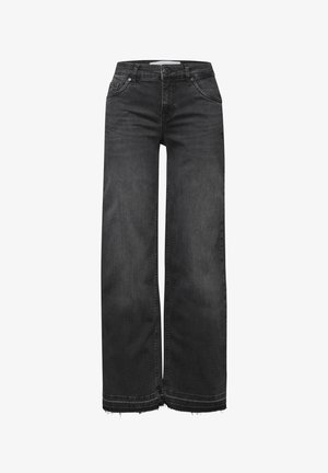 Jean en denim noir à jambes larges avec un ourlet effiloché, cinq poches et une fermeture éclair. Le matériau présente une finition légèrement texturée.