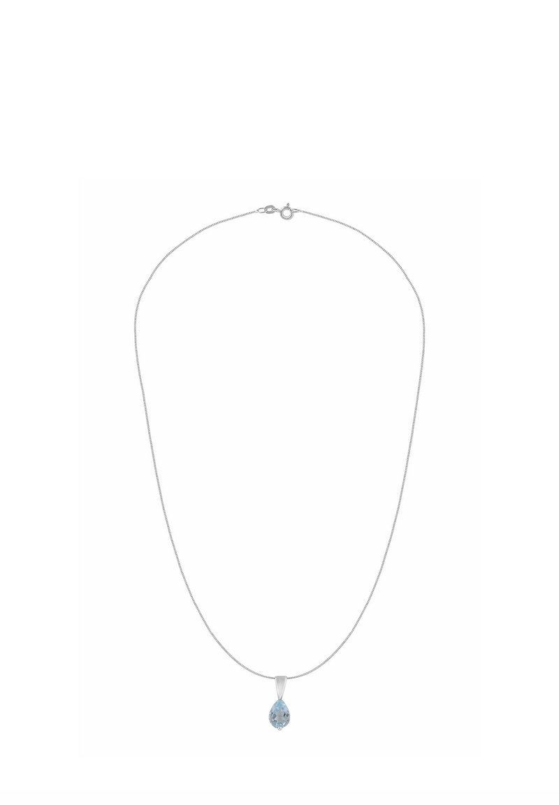 Srebrny łańcuszek z wisiorkiem w kształcie kropli o jasnoniebieskim kolorze, gładkiej powierzchni i minimalistycznym zdobieniu.