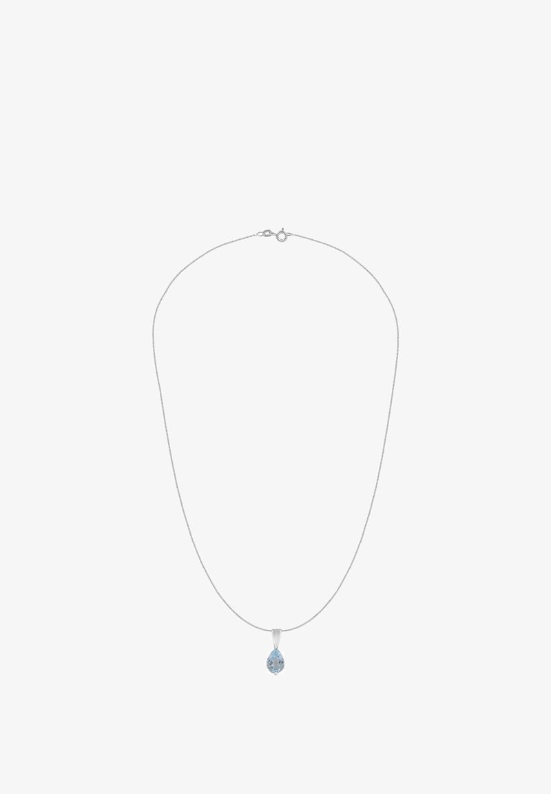 Srebrny łańcuszek z wisiorkiem w kształcie kropli o jasnoniebieskim kolorze, gładkiej powierzchni i minimalistycznym zdobieniu.