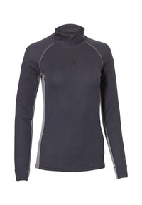 Ritskraagtrui in donkergrijs met contrasterende lichtgrijze zijpanelen, lange mouwen en een gladde, lichtgewicht stoftextuur.