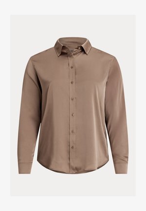 Καφέ σατέν πουκάμισο μακρύ μανίκι με κουμπιά, με γιακά και λεία υφή. Διαθέτει ίσιες άκρες και απαλό γυαλάδισμα.