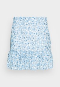Jupe florale bleu clair avec un ourlet froncé. Fabriquée en tissu doux avec un motif de roses délicat. Silhouette droite avec une taille élastique.