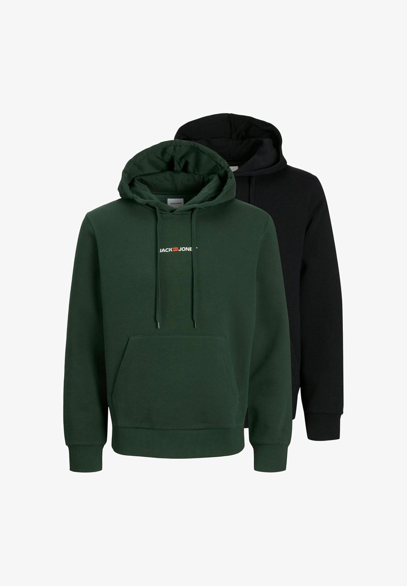 Two hoodies: one in dark green and one in black. Both feature a kangaroo pocket, drawstring hood, and logo on the chest. Cotton blend material.