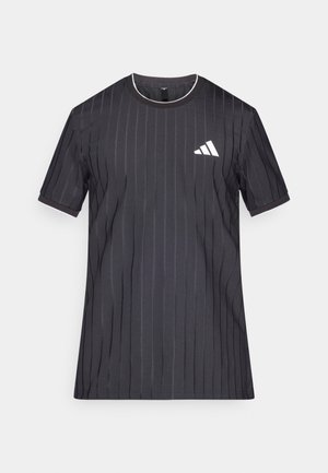 Black short-sleeve t-shirt with vertical ribbed texture, white logo on left chest, and contrasting white collar and sleeve accents.