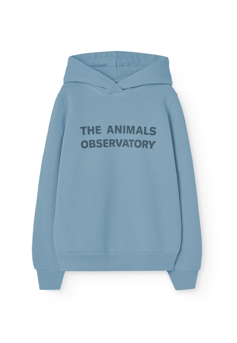 Sudadera azul claro hecha de tela suave, con un gráfico frontal en texto negro en negrita: "THE ANIMALS OBSERVATORY." Mangas largas y un bolsillo tipo canguro.