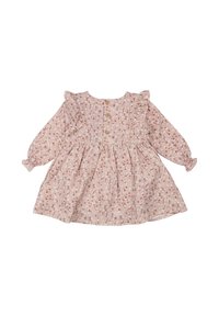 Light pink dress with floral pattern, ruffled neckline and sleeves, elastic cuffs, three-button back closure, and flared skirt.