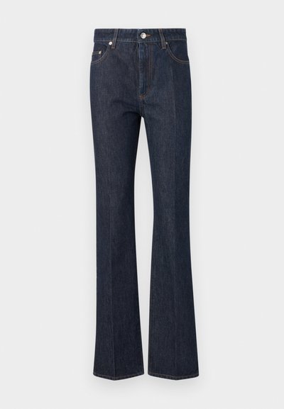 Dark blue denim jeans with a high waist, straight cut, front button closure, and visible stitching on pockets and seams.