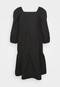 Vestido preto de algodão com decote quadrado, mangas bufantes, bainha em camadas com volantes e detalhes elásticos nas mangas.