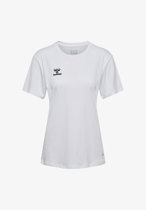 T-shirt blanc à manches courtes en tissu doux. Présente un logo noir sur la poitrine gauche et un col rond. Design et coupe simples.