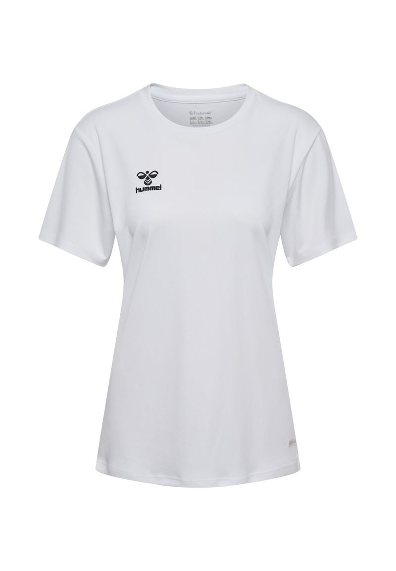 White short-sleeve t-shirt made of smooth fabric. Features a black logo on the left chest and a round neckline. Simple design and cut.