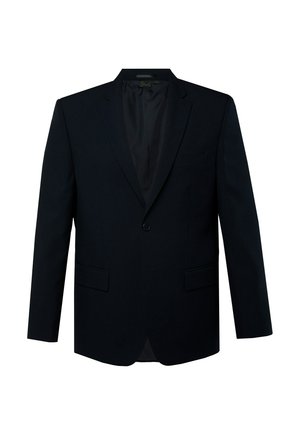 Blazer azul marino confeccionado en una tela de textura suave. Presenta un cierre de un solo botón, solapas con muesca y dos bolsillos delanteros.