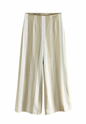 Weite Hosen mit vertikalen beigen und weißen Streifen, ausgestattet mit hoher Taille und einem fließenden, lockeren Schnitt.