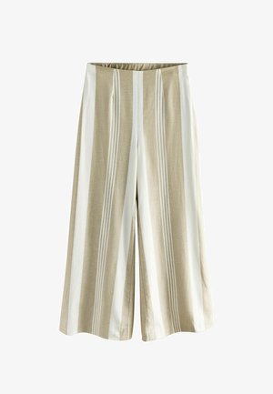 Weite Hosen mit vertikalen beigen und weißen Streifen, ausgestattet mit hoher Taille und einem fließenden, lockeren Schnitt.