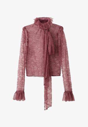 Blusa de encaje en malva con un escote con volantes, mangas largas y lazo de cinta en la parte delantera; presenta puños acampanados y con volantes.