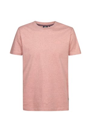 Tricou roz deschis cu mâneci scurte, model discret în dungi, decolteu rotund și imprimare mică cu logo pe piept. Material moale, croială standard.