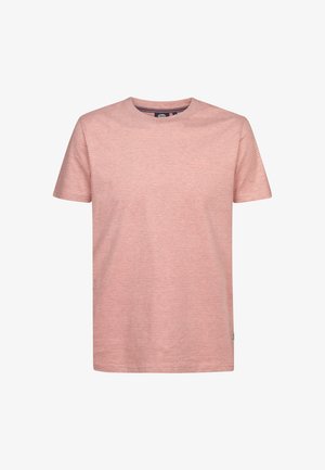 Tricou roz deschis cu mâneci scurte, model discret în dungi, decolteu rotund și imprimare mică cu logo pe piept. Material moale, croială standard.