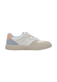 Adidași din piele albă cu accente de suede bej și albastru, căptușeală bleu deschis și talpă din cauciuc bej. Prezintă vârf rotund și șireturi tradiționale.