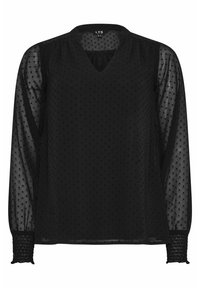 Blusa negra de tejido transparente con escote en V, textura de lunares, hombros fruncidos y puños fruncidos.