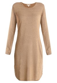 Robe pull en tricot beige clair avec manches longues, encolure arrondie et détails de boutons sur le côté. Texture douce et coupe mi-longue.
