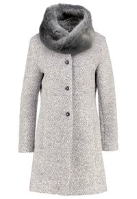 Grijze textuur jas met een nepbontkraag, vijf knopen aan de voorkant en lange mouwen, geschikt voor koud weer.